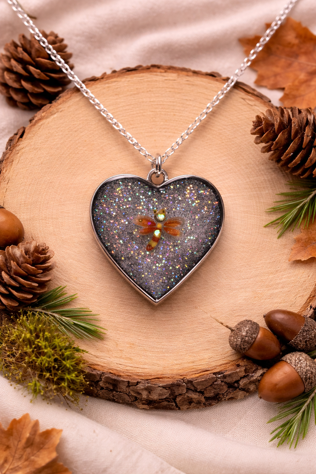 Heart Necklace with Dragon Fly