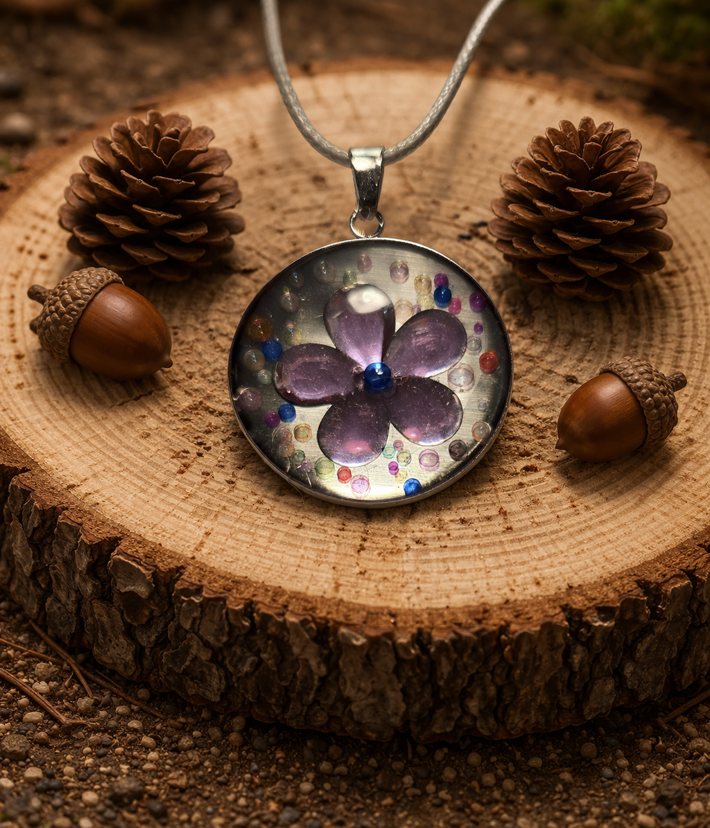 Necklace with purple flower and bubbles