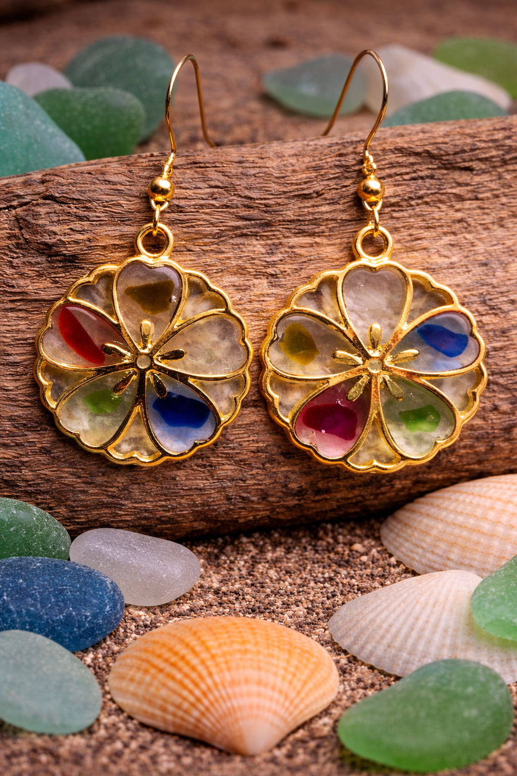 Sea glass and Flowers Earrings