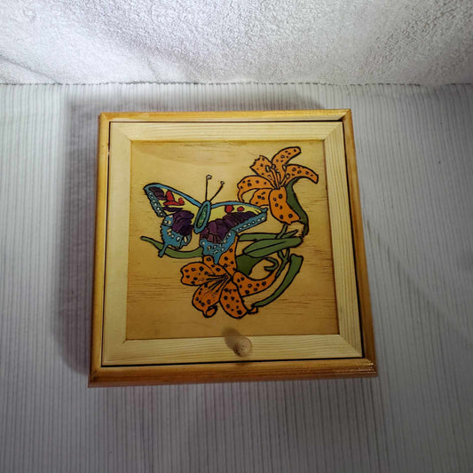 Hand-Painted Butterfly and Lilies Wooden Jewelry Box