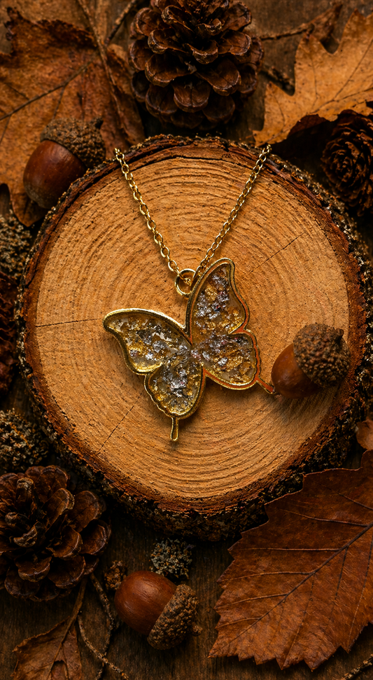 Butterfly Necklace filled with gold and silver leaf