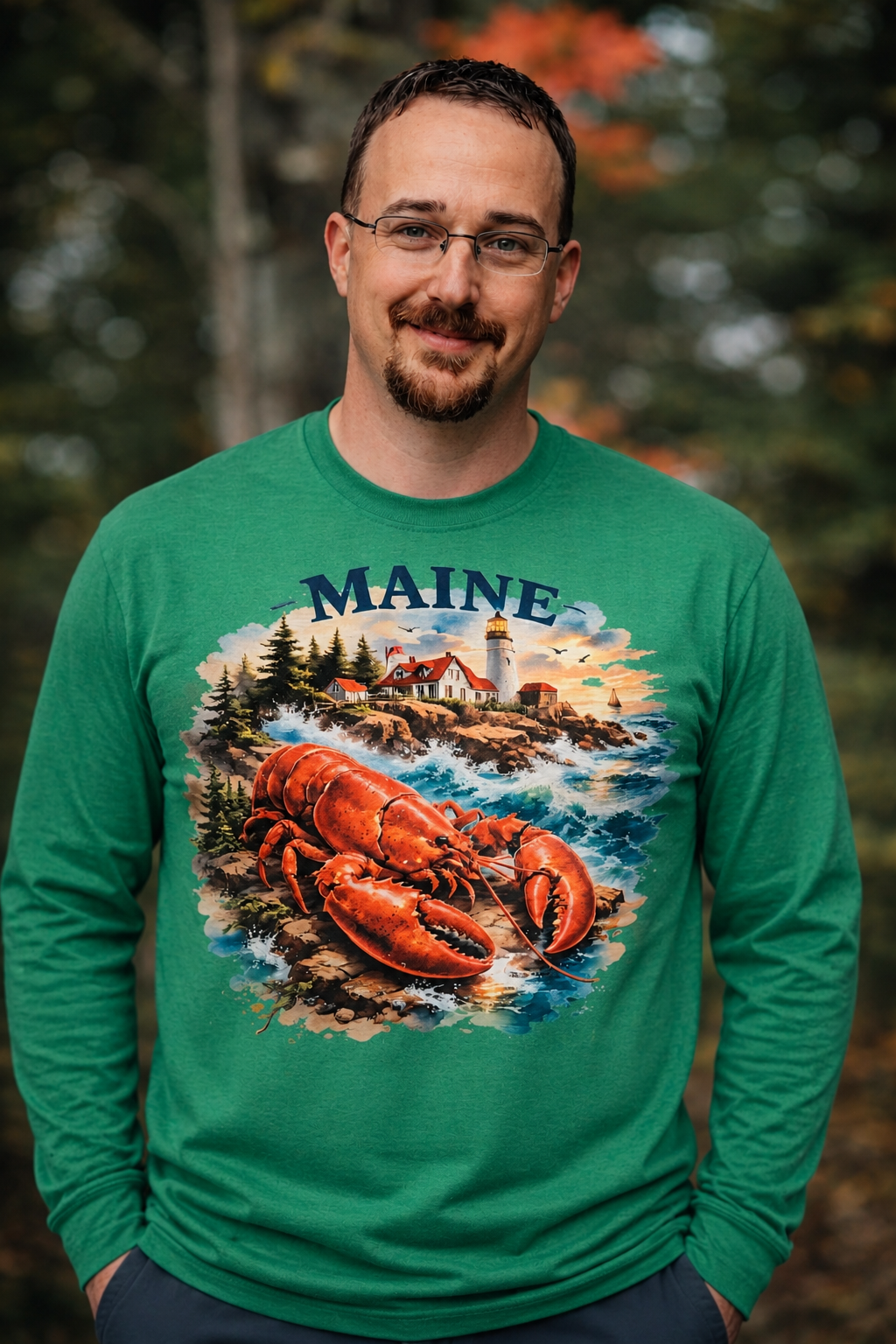 T shirt long sleeve Maine light house and lobster