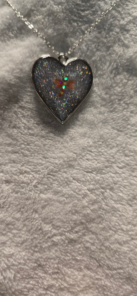 Heart Necklace with Dragon Fly