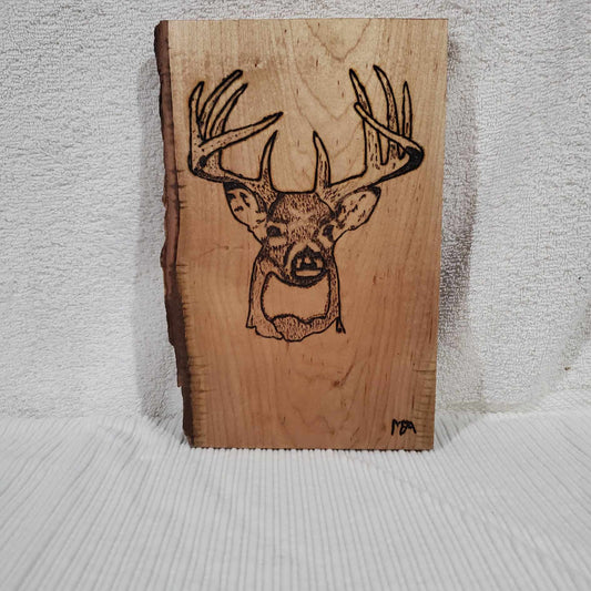 Deer Head Wood Burned on Live Edged Wood