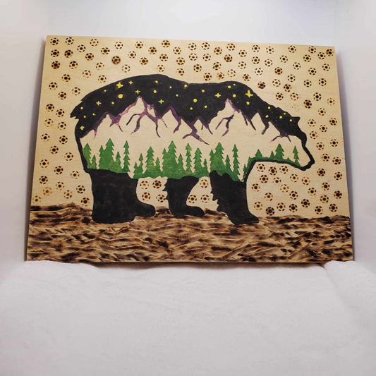 Hand Chalked and Wood-Burned Bear in Snow Storm