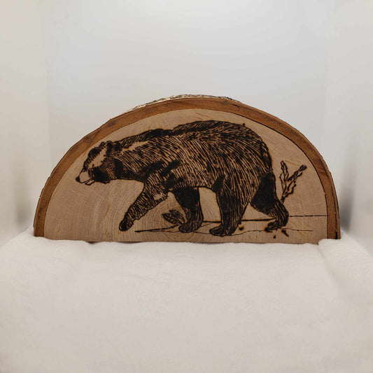 Maine Black Bear Wood Burned into Live Edged Half Round Wood Chip