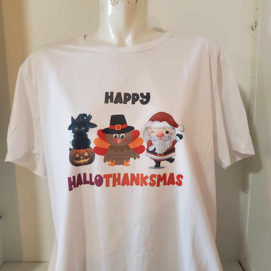 T Shirt HalloThanksMas in White