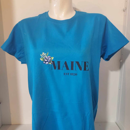 T shirt Maine with Blueberries in Teal Blue