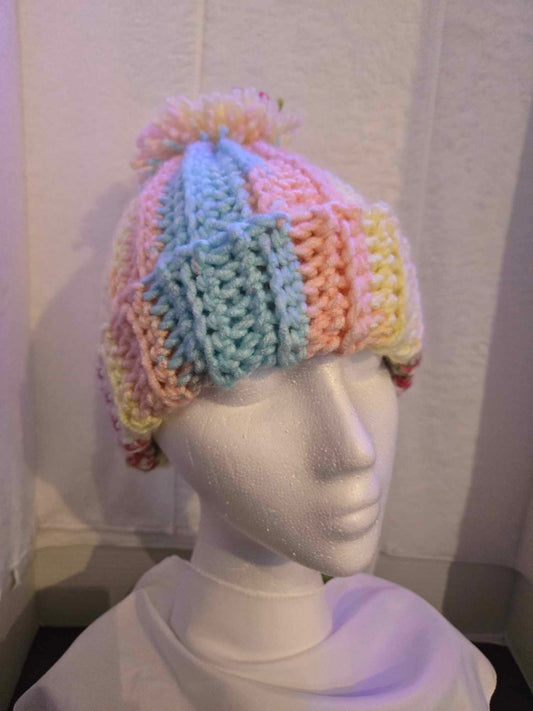 Beanie pastel pink, teal and yellow