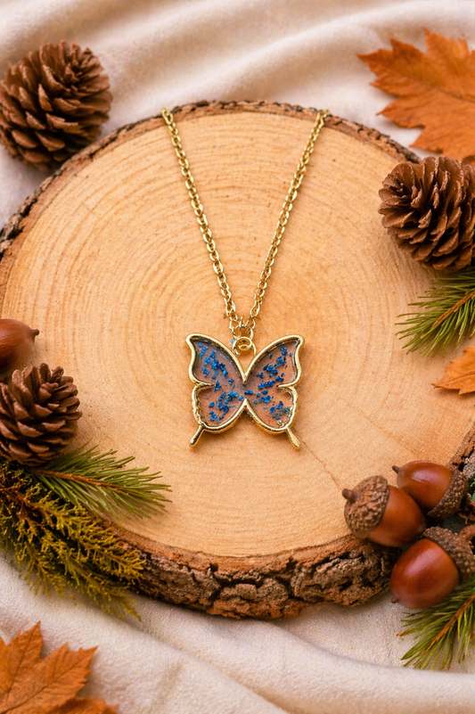 Butterfly Necklace filled with blue flower specks