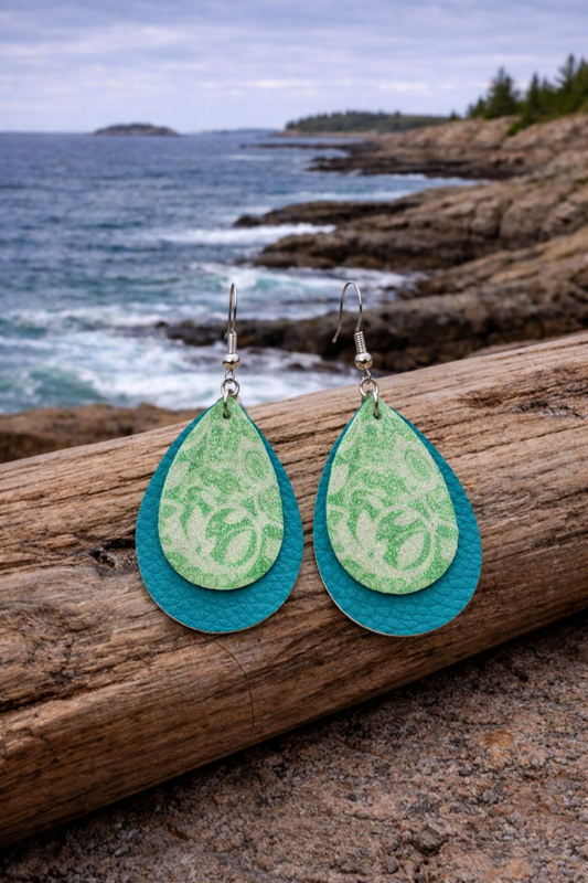 Earrings Leather Teardrop Green n Teal