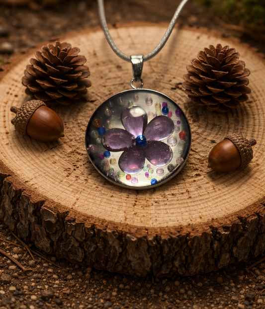 Necklace with purple flower and bubbles