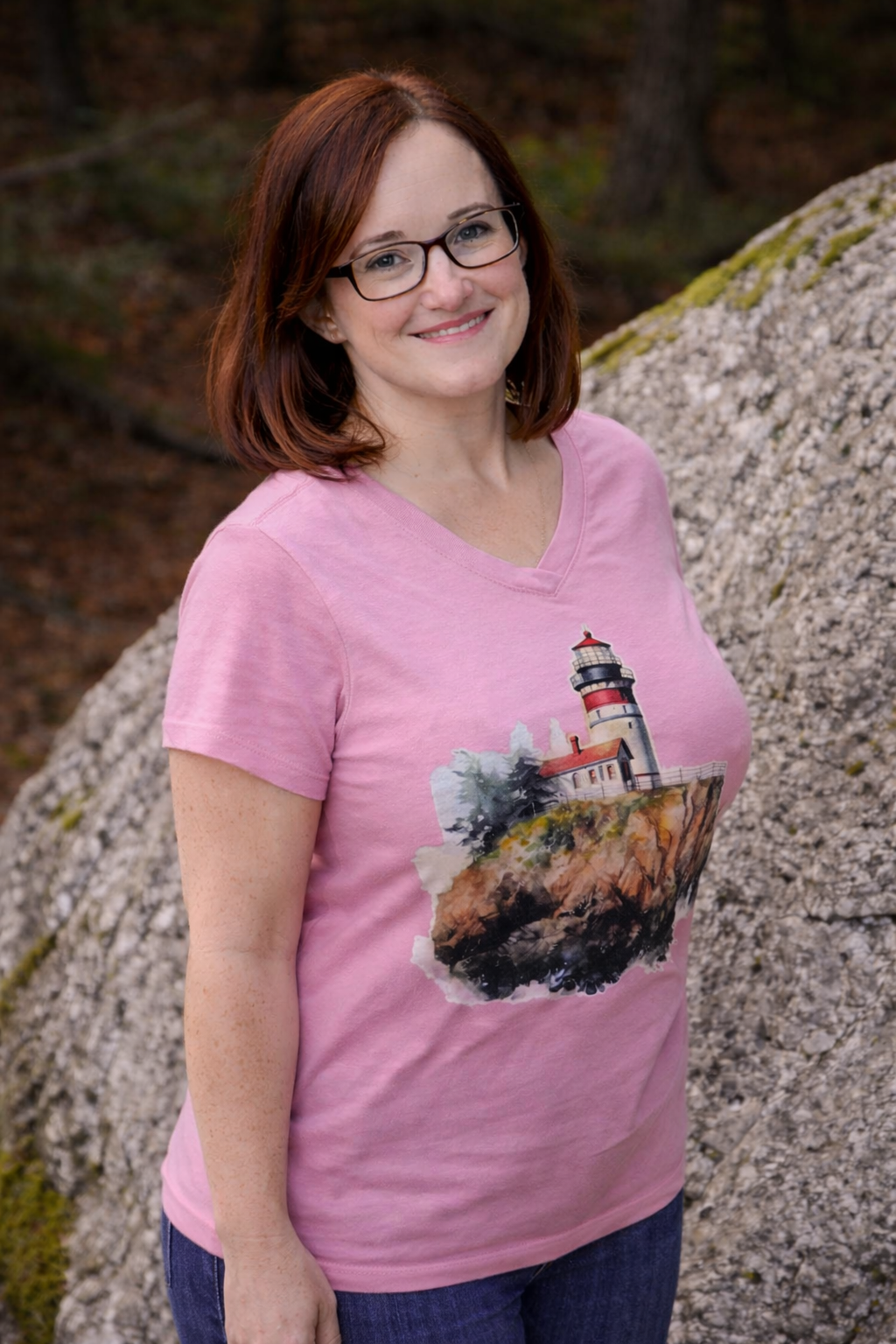 T shirt purple lighthouse on cliff