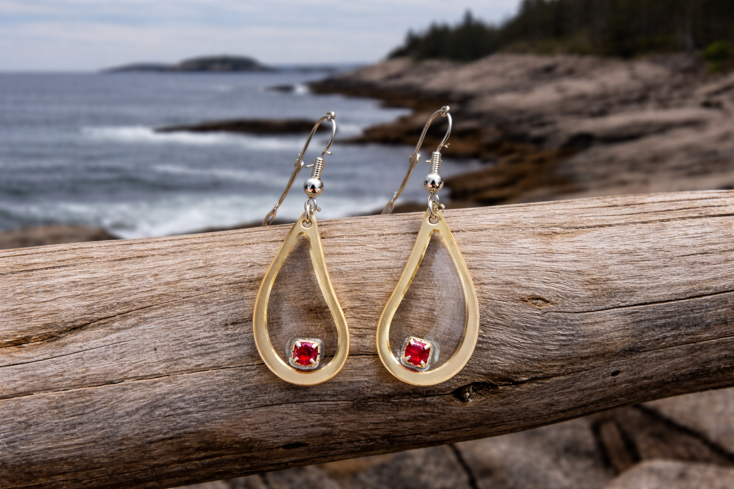 Earrings Gold Dangle with a Ruby Colored Stud
